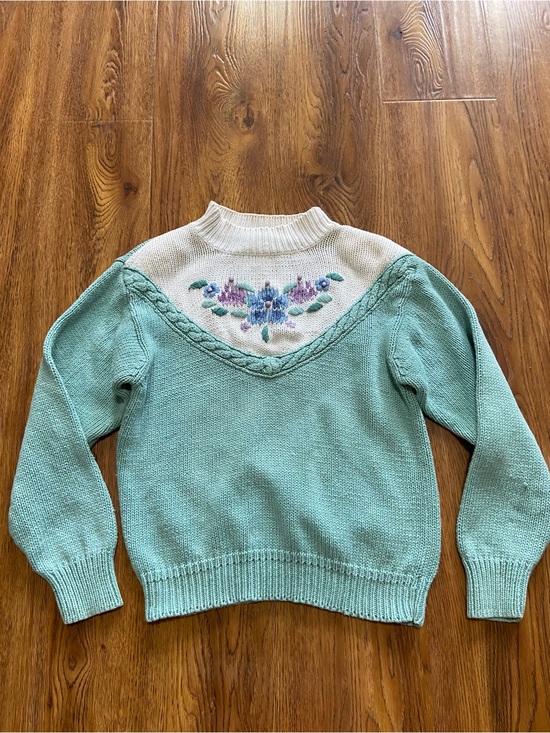 Jantzen Sweaters - Vintage Jantzen Cream Yoke with Mint Body Floral Knit Sweater with wear